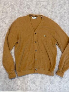 Vintage 80’s Lacoste Men’s Camel Brown V-Neck Button Cardigan Sweater